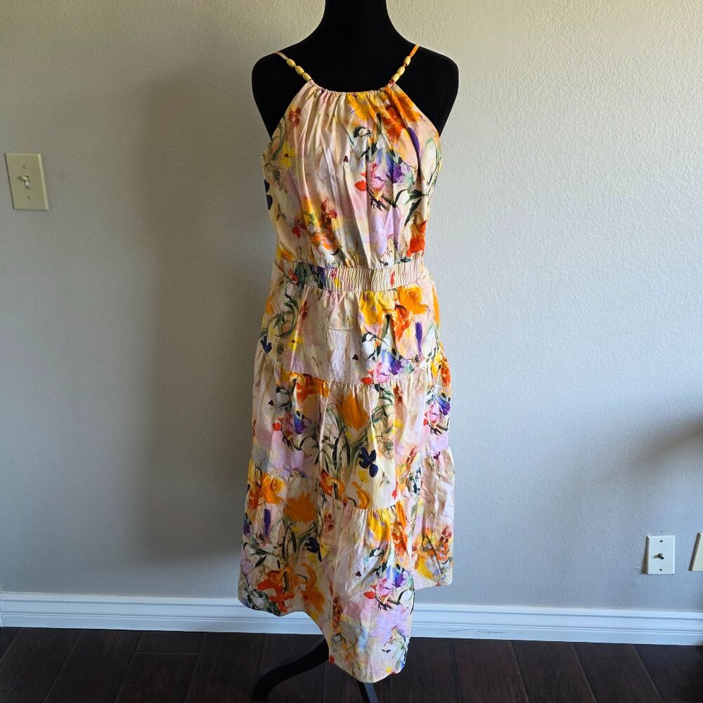 Laundry by Shelli Segal Dress Watercolor Floral Strap Beads Smocked Size 10